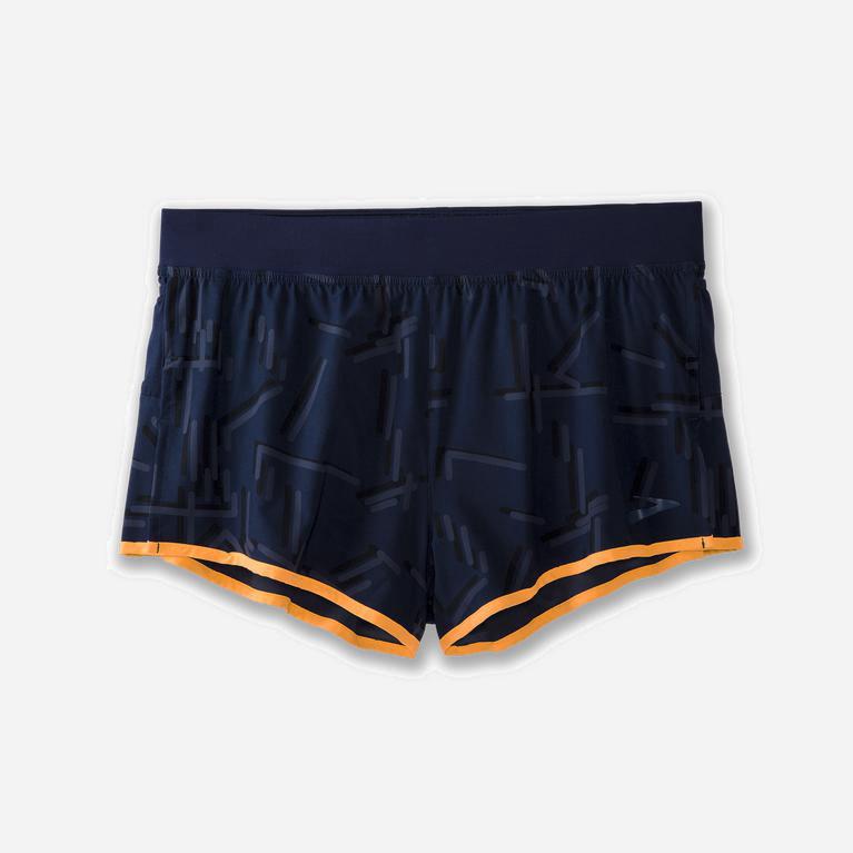 Brooks Sherpa 3 Split NZ - Men's Running Shorts - Navy Geo Emboss/Fluoro Orange (38507-FRCJ)